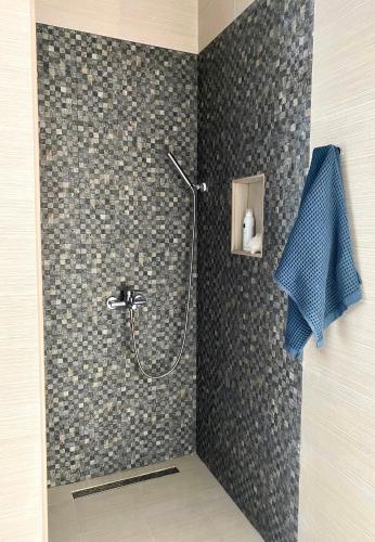 a shower stall in a bathroom with a blue towel at Villa Casanego in Sutomore