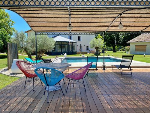 un patio con mesa, sillas y piscina en Ô gré des sens, en Coufouleux