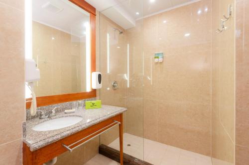 a bathroom with a sink and a shower at Ayenda La Luna Inn in Lima