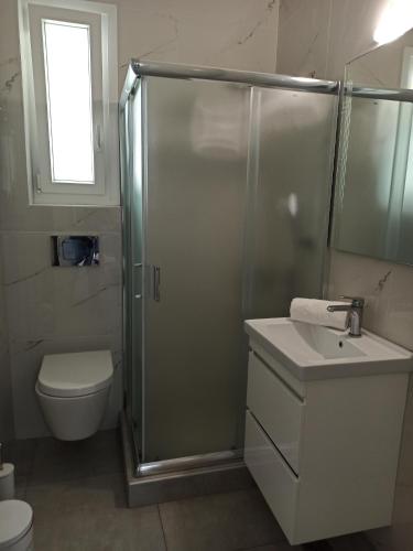 a bathroom with a shower and a sink and a toilet at Steps to the sea in Nea Peramos