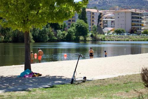 a group of people standing on the beach near the water at Apartamento Trav. Santa Luzia in Mirandela