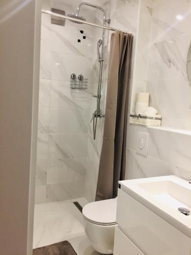 a white bathroom with a shower and a toilet at Apartments Juraković in Živogošće