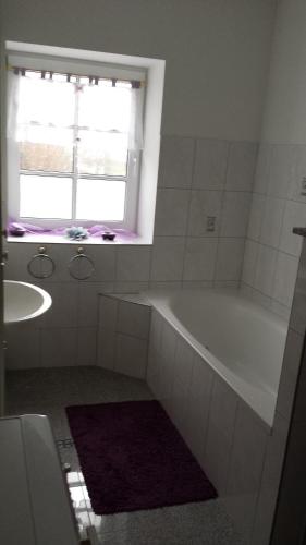 a bathroom with a tub and a sink and a window at Ferienhaus HCR Grimmen in Grimmen