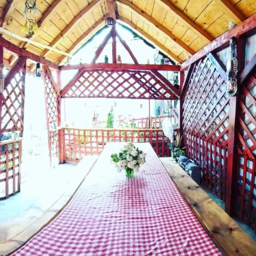 a table in a pavilion with a red and white checkered table cloth at Casa Raul in Coramnic
