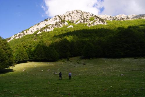 two people standing in a field in front of a mountain at Tana Libera Tutti 1 Nature, Yourself, Love in Viggianello