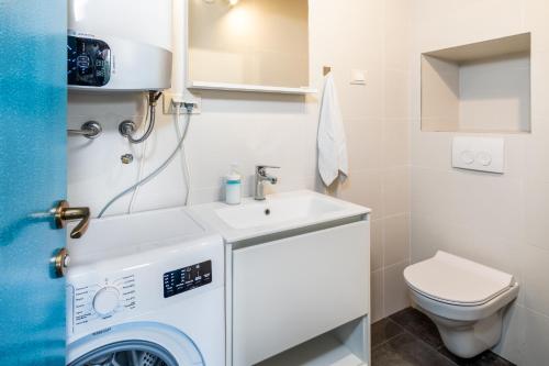 a bathroom with a washer and dryer next to a toilet at Stone house Goranova kuća in Seline