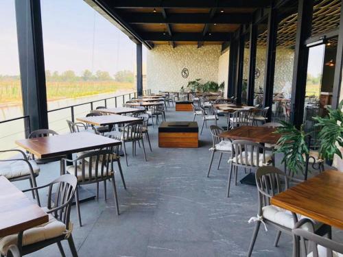 une rangée de tables et de chaises dans un restaurant dans l'établissement Viñedos San Francisco, à San Miguel de Allende