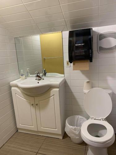 a bathroom with a toilet and a sink and a mirror at Auberge Internationale de Rivière-du-Loup O76381 in Rivière-du-Loup