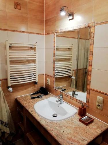 a bathroom with a sink and a mirror at Apartament Fabryka Endorfin Kłodzko in Kłodzko