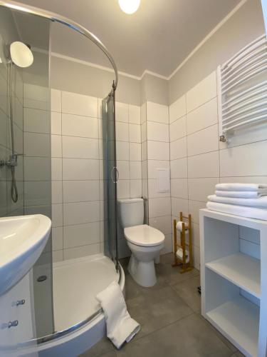 uma casa de banho com um WC, um lavatório e um chuveiro em APARTAMENT OŚ. ZŁOTE 4B em Dzierżoniów