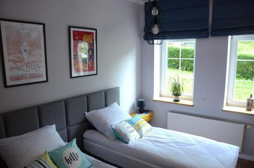 a bedroom with a bed and two windows at Apartament Fabryka Endorfin Kłodzko in Kłodzko