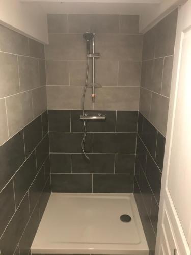 La salle de bains est pourvue d'une douche avec du carrelage noir. dans l'établissement Appartement lac et montagne, à Saint-André-les-Alpes