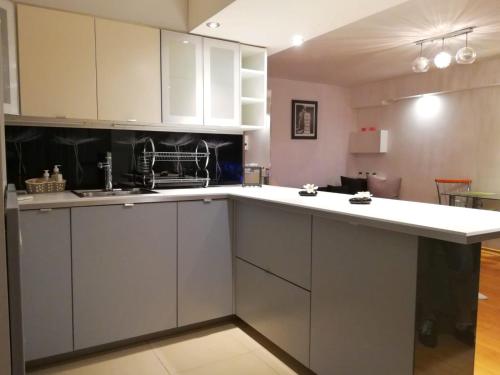 a kitchen with white cabinets and a white counter top at Studio in Krynica Zdrój