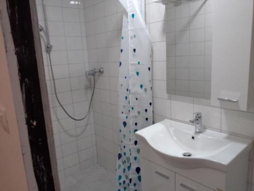 y baño con ducha y lavamanos. en Guest Accommodation Palma, en Portorož