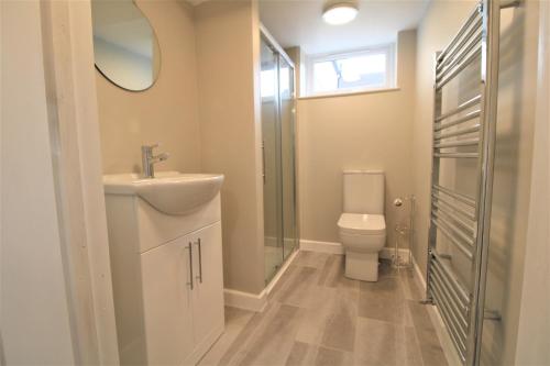 a bathroom with a toilet and a sink and a mirror at 10 Bromleys Court in Church Stretton