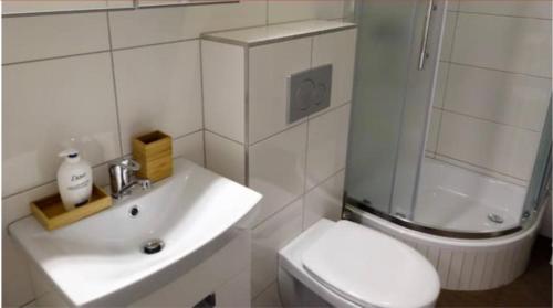 a white bathroom with a toilet and a sink at Between Schoenbrunn and the City Center. Apt. 31 in Vienna