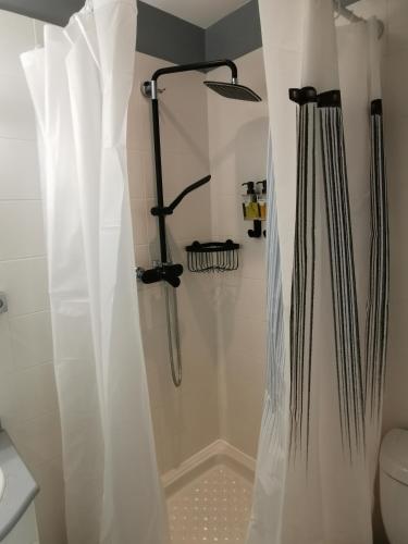 une douche avec un rideau de douche dans une salle de bain dans l'établissement Lou Pauseto, à Aubagne
