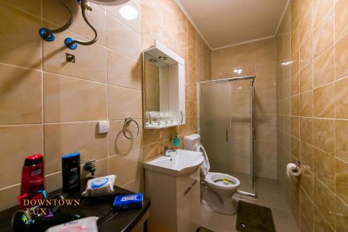 W łazience znajduje się prysznic, toaleta i umywalka. w obiekcie Downtown Lux Apartments, Subotica w mieście Subotica