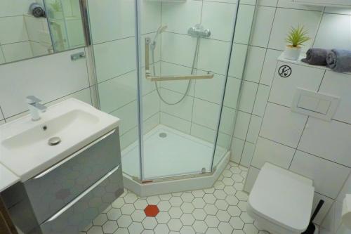 La salle de bains est pourvue d'une douche, de toilettes et d'un lavabo. dans l'établissement Usedom-Apartment, à Świnoujście
