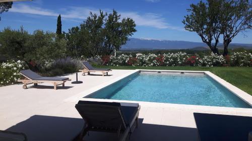 a swimming pool in a yard with two chairs at Le Cottage du Chat Blanc in Saint-Didier