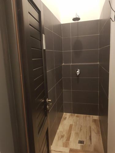 a bathroom with a shower with a black door at Pension Casa Drumetului in Piatra Neamţ