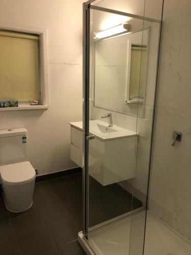 a bathroom with a shower and a sink and a toilet at Parkside Inn Motel in Melbourne
