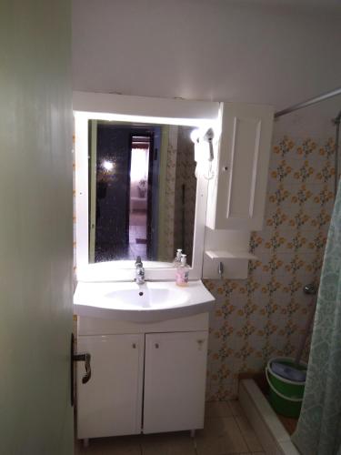 a bathroom with a white sink and a mirror at Family-Elia in Paralia Dionysiou