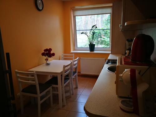 eine Küche mit einem Tisch und Stühlen sowie einem Fenster in der Unterkunft Svečių namai Pervalkoje in Neringa