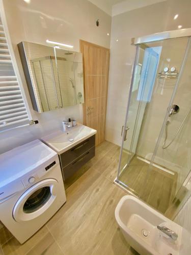 a bathroom with a shower and a washing machine at NOEL - three bedroom apartment with pool in Banjole