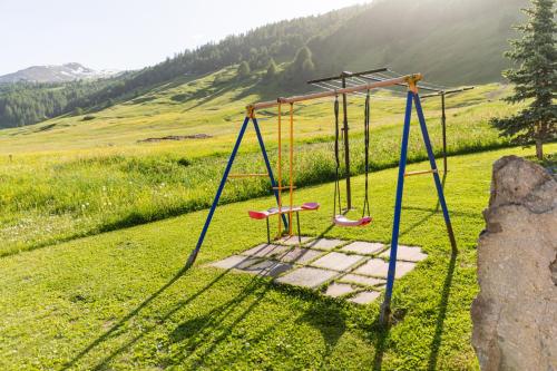a swing set in a grassy field with a hill at Chalet Mistral in Livigno