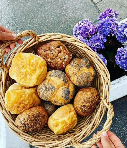 a basket filled with different types of bread at Trelleborg Strand in Trelleborg