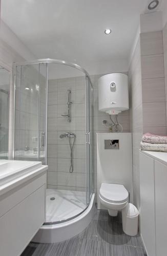 a white bathroom with a shower and a toilet at Apartament Bella Mare z basenem in Łukęcin