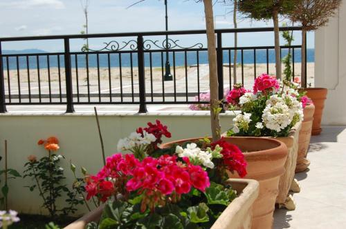 a row of potted flowers on a balcony with the beach at Makedos Sea View in Nea Vrasna