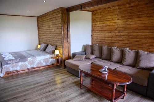 una sala de estar con un sofá y una cama en Medi Guest House, en Sapareva Banya
