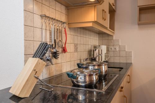 a kitchen counter with pots and pans on a stove at Apartment Kornblume - Mesnerhof in Sand in Taufers