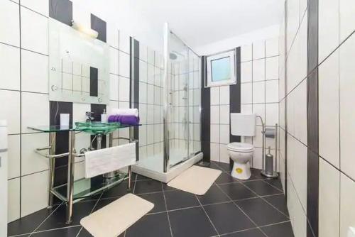 a bathroom with a shower and a toilet at Holiday Home Zen in Primorski Dolac