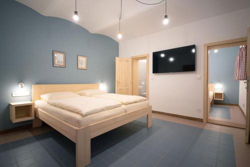 a bedroom with a bed and a tv on the wall at Dům Přátel Pavlova in Pavlov