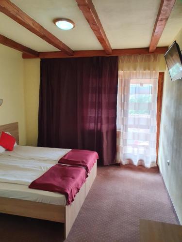 a bedroom with a bed and a window at PENSIUNEA LEIA Transfăgărășan in Cîrţişoara