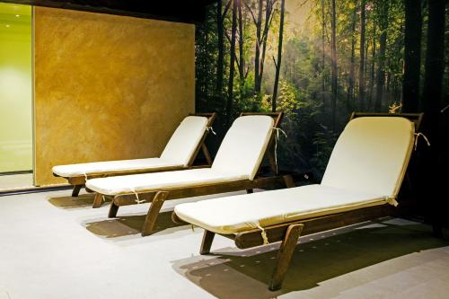 two empty chairs in a room with a painting of trees at Lion Hotel Borovets in Borovets