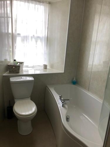 a bathroom with a toilet and a tub and a window at Forse of Nature in Latheron