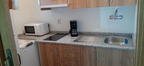 a small kitchen with a sink and a microwave at Casa Rural FULGUERA in El Espino