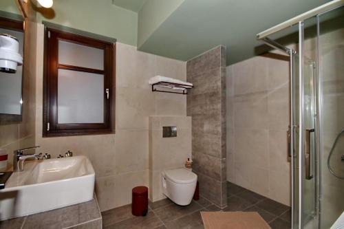 een badkamer met een wastafel, een toilet en een douche bij ΜΠΑΡΟΥΤΟΜΥΛΟΣ -Baroutomilos in Dhimitsana