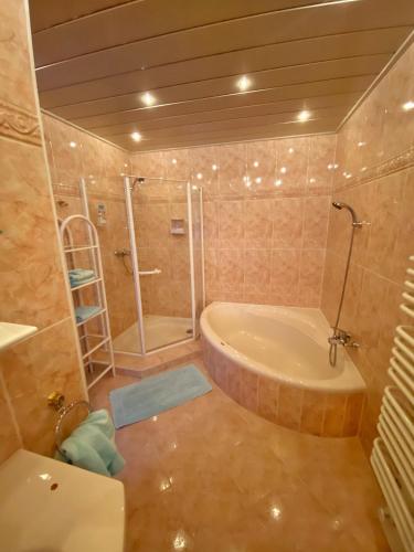 a bathroom with a large tub and a shower at Ferienhaus Schaller am Galsterberg in Pruggern