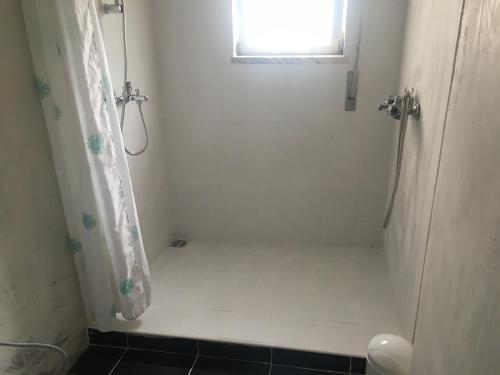 a bathroom with a shower with a window at Casadaldeiadalmofala in Almofala