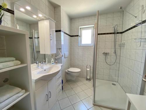 ein Bad mit einer Dusche, einem WC und einem Waschbecken in der Unterkunft FeWo Riedel in Weida