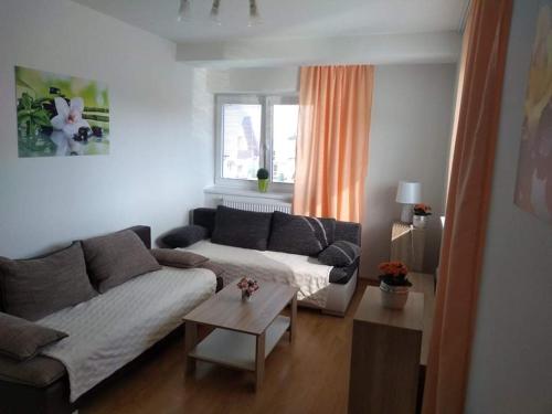 a living room with a couch and a table at Apartman NAOMI E12 in Nová Lesná
