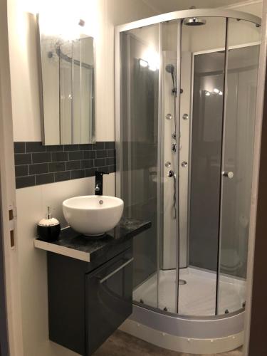 een badkamer met een glazen douche en een wastafel bij Studio Chaleureux Blois Centre in Blois