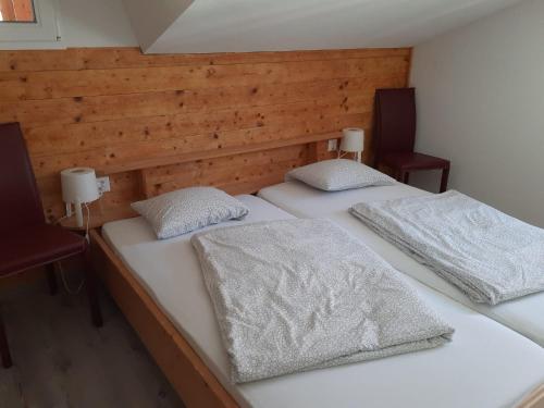 two twin beds in a room with wooden walls at Berner Oberland in Därligen