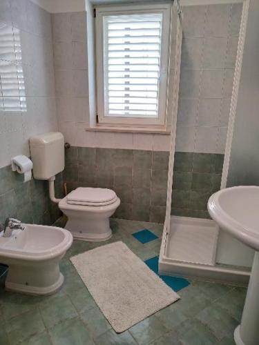 a bathroom with a toilet and a shower and a sink at APARTMANI INES RABAC in Rabac