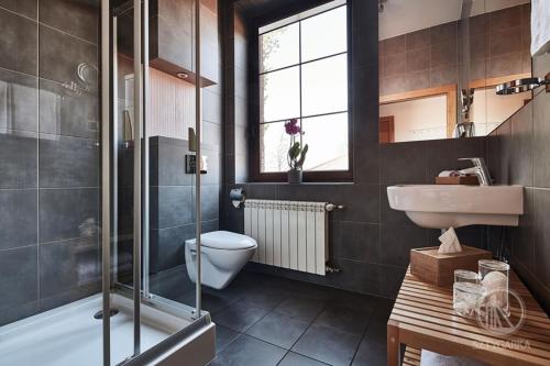 a bathroom with a shower toilet and a sink at Sztygarka. Pensjonat Pod Wieżą Katowice Chorzów in Chorzów